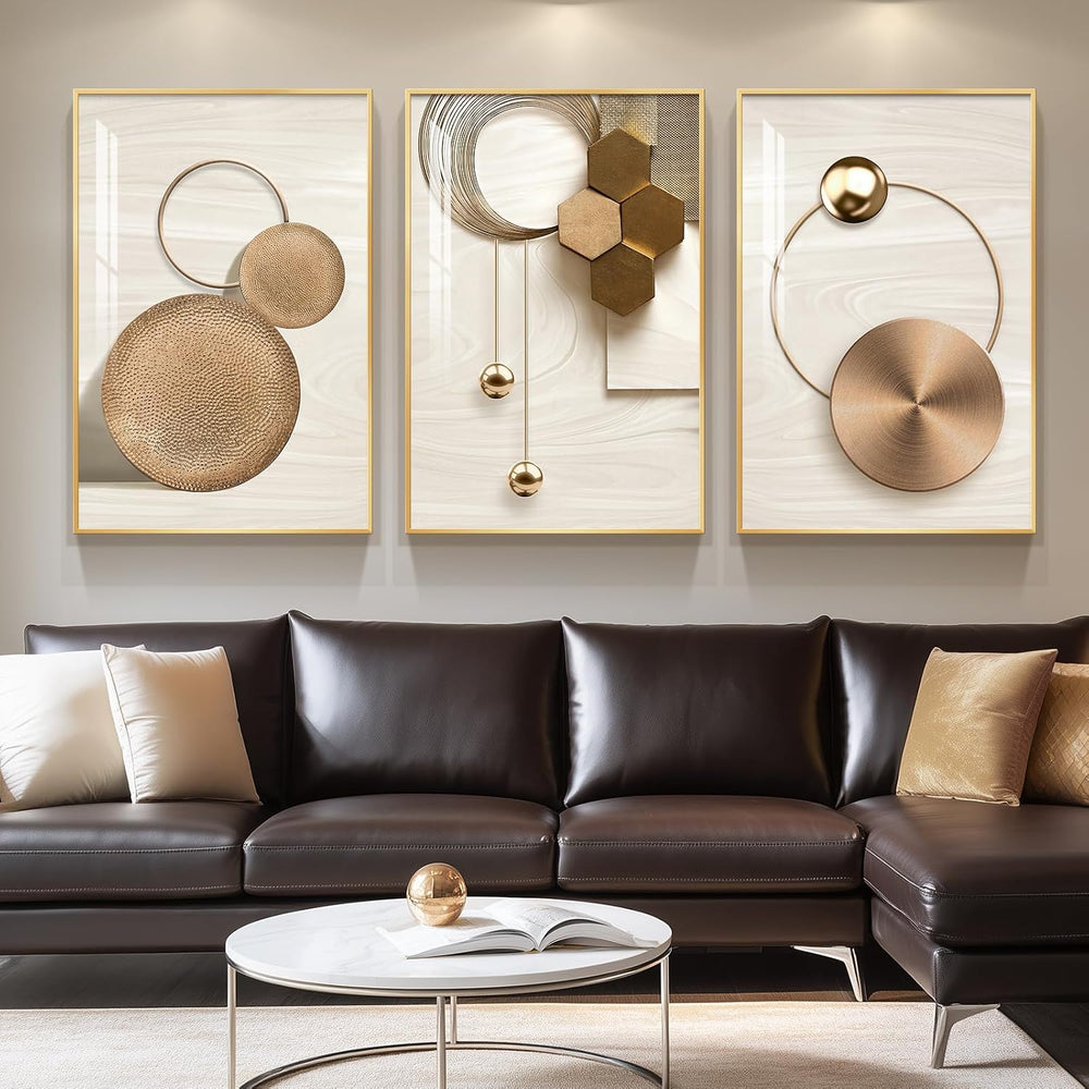 Large Framed Modern Luxury Gold Wall Art for Living Room, 3 Piece 24x36 In