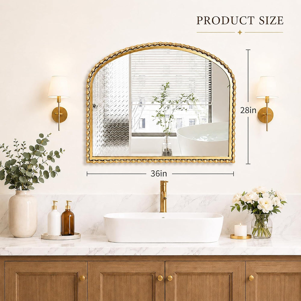 36"x28" Wide Arched Wall Mirror, Antique Gold Bold Beaded Frame