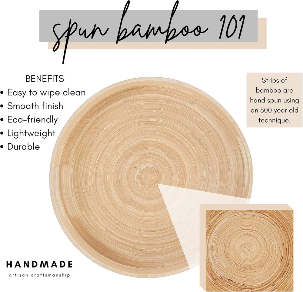 Spun Bamboo Round Wooden Tray, Gray, 13.75 Inches