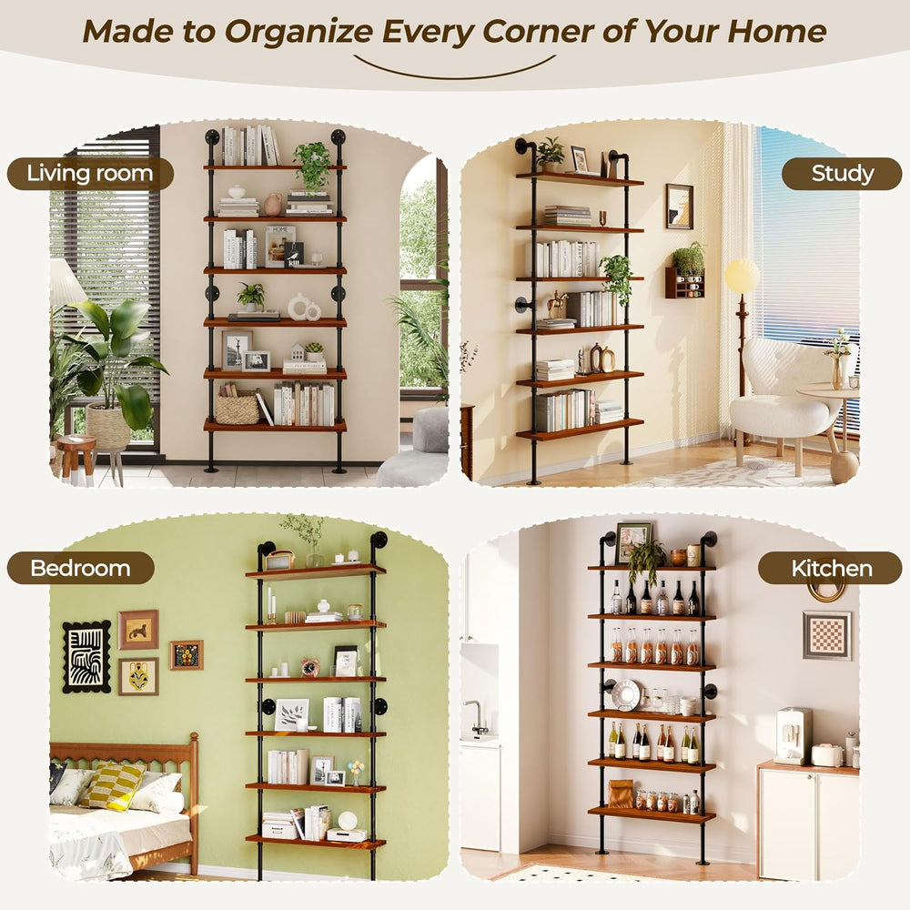 Industrial Pipe Bookshelf, Wall Mounted Shelf, 36 Inch, Walnut Brown