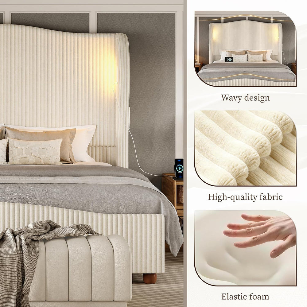 King Size 65" Tall Upholstered Bed with Drawers, USB & LED, Beige