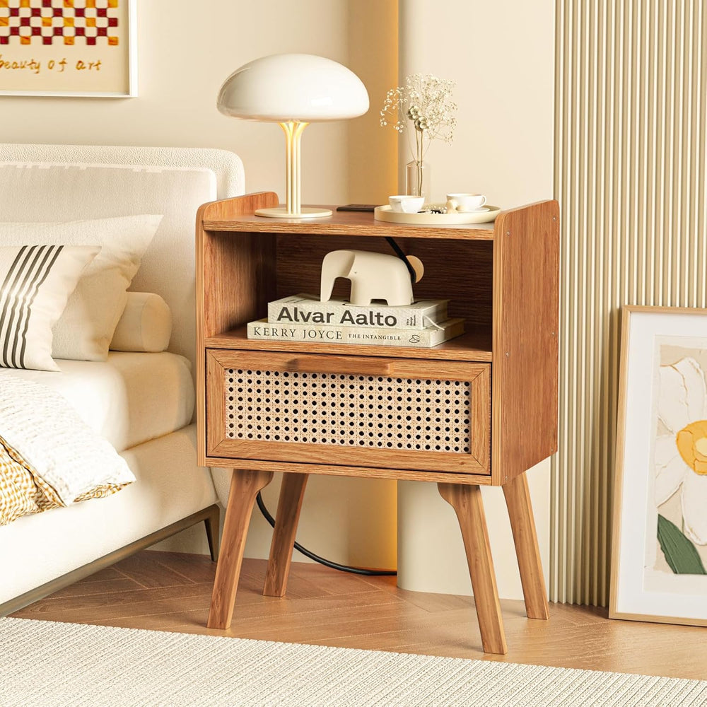 Lerliuo Rattan Nightstand with Charging Station, Side Table with Drawer