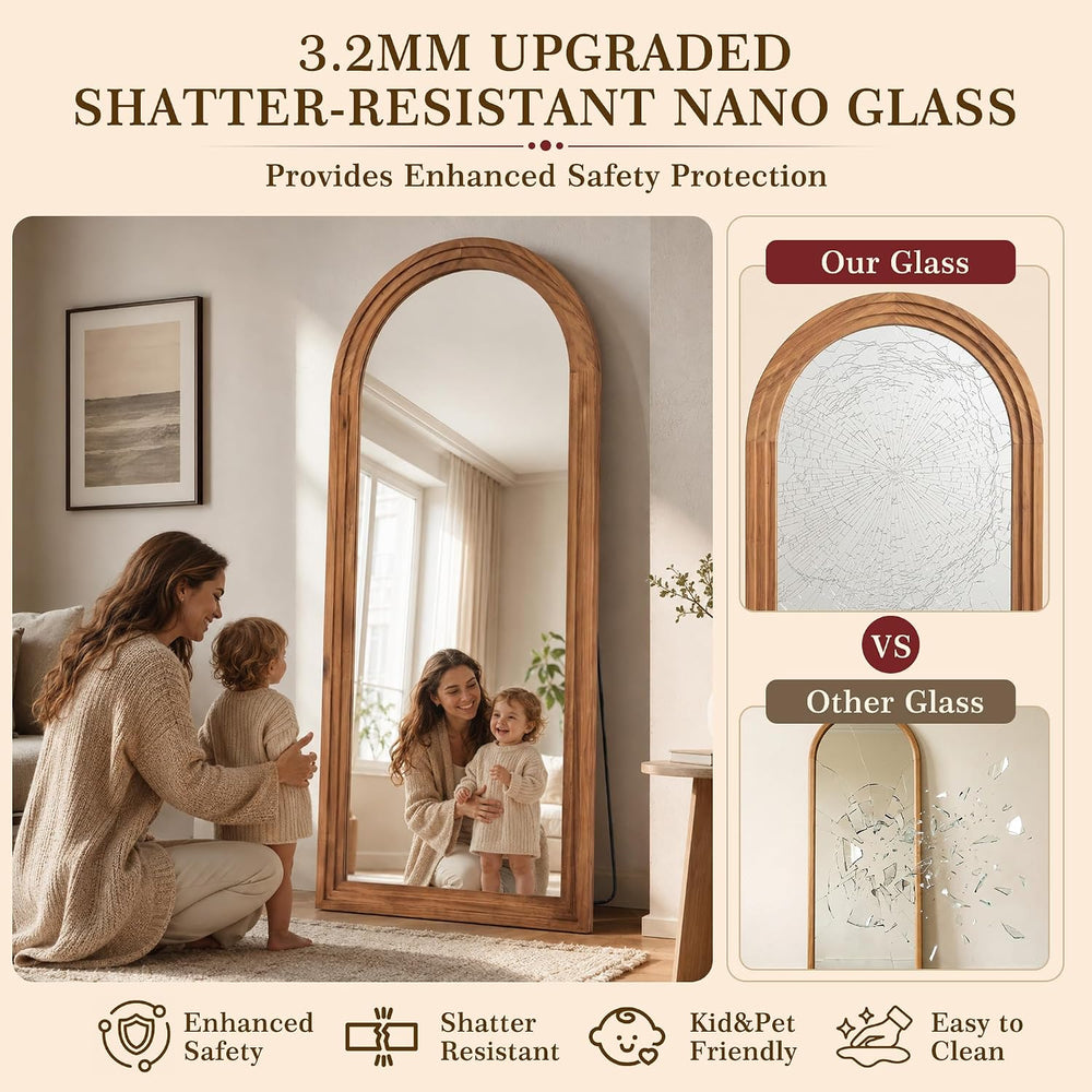 71"x32" Arched Full Length Mirror, Large Wood Floor Mirror, Brown