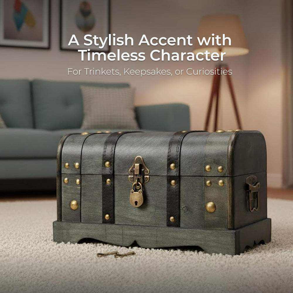 Wooden Treasure Chest Box with Tray, Lockable Keepsake Trunk, 11.8x7x7 in