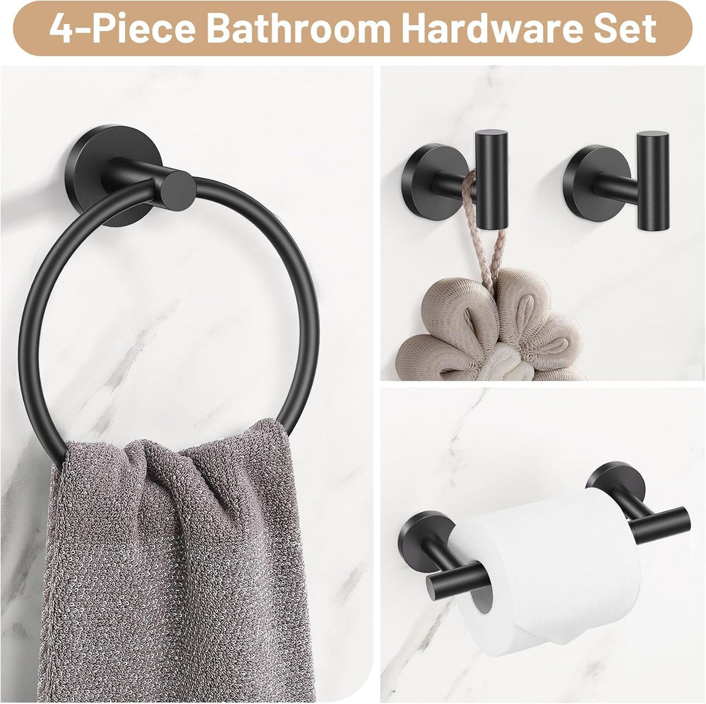 Matte Black Bathroom Hardware Set, Toilet Paper Holder, Towel Ring & Hooks