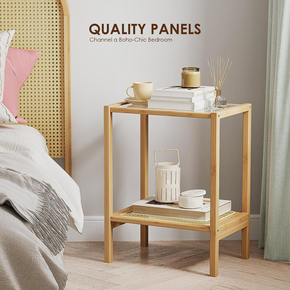 Bamworld Side Table Nature Rattan End Table 2-Tier with Storage Boho
