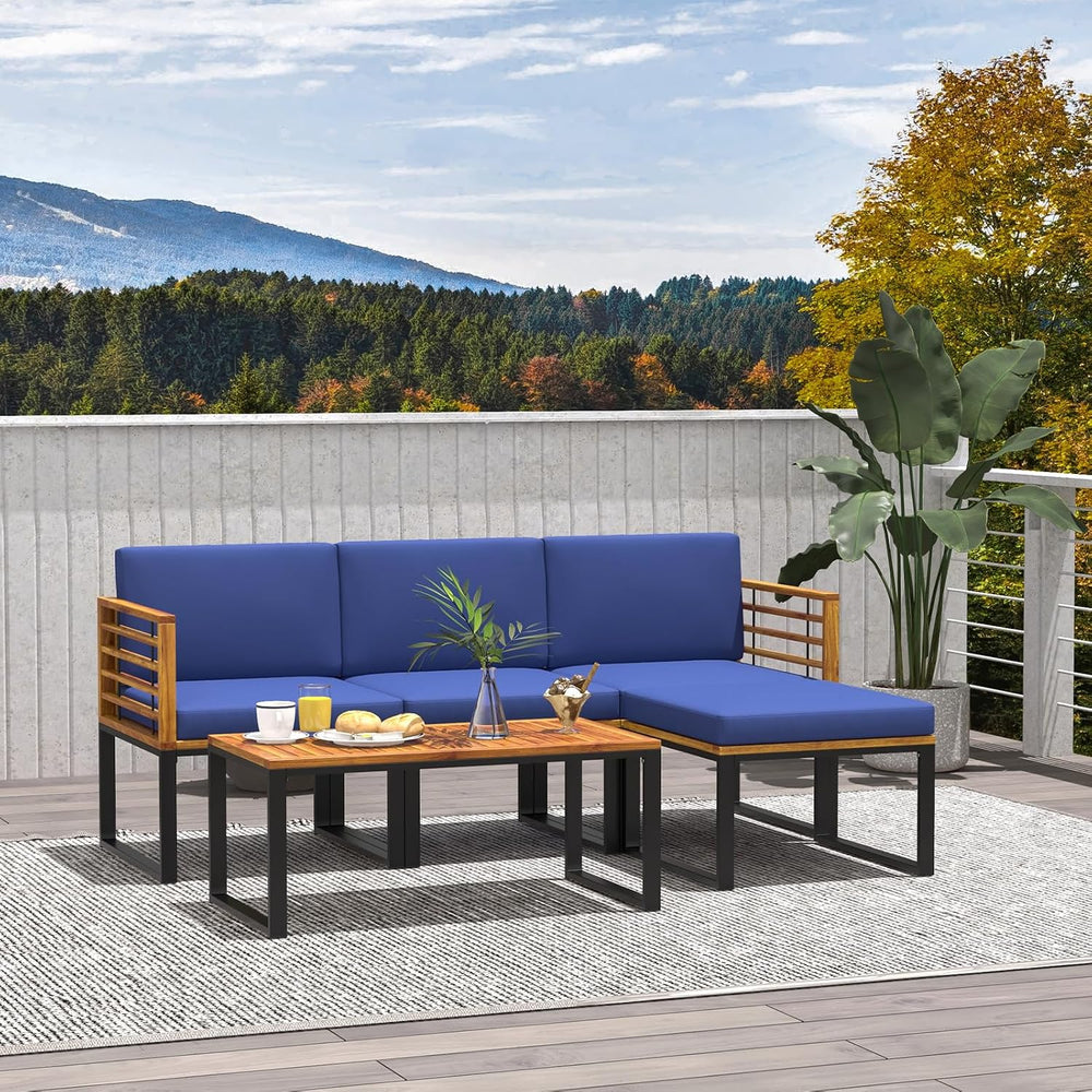 Tangkula 5 Pieces Patio Conversation Set, Acacia Wood Chair Set with Ottoman ...