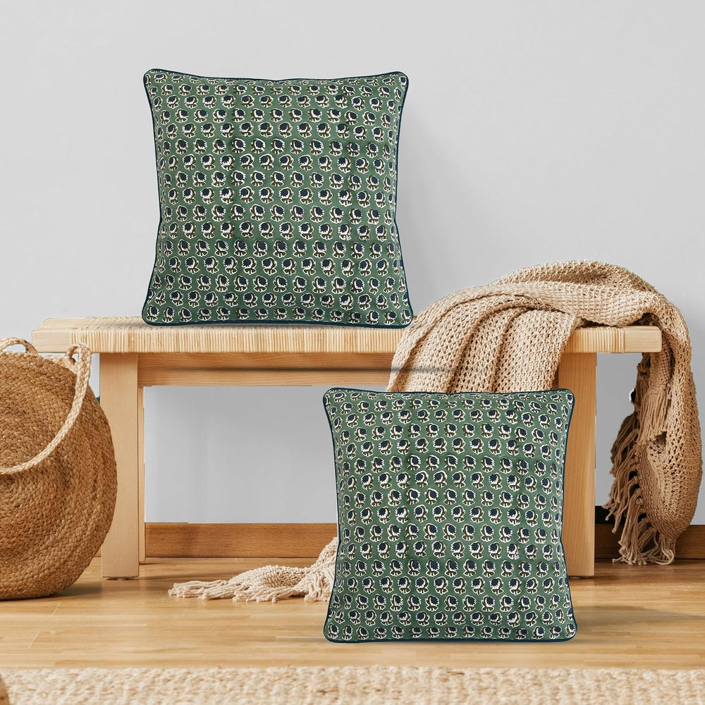 Ridhi Basil Green Hand Block Print Cotton Pillow Cover 18x18 Inch Set of 2