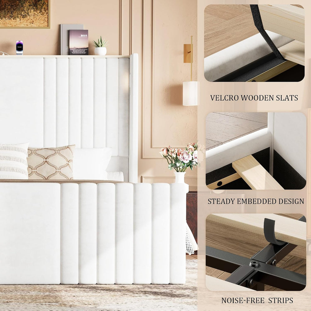 55" Tall King Size Platform Bed Frame with 2 Reading Lights, Cream