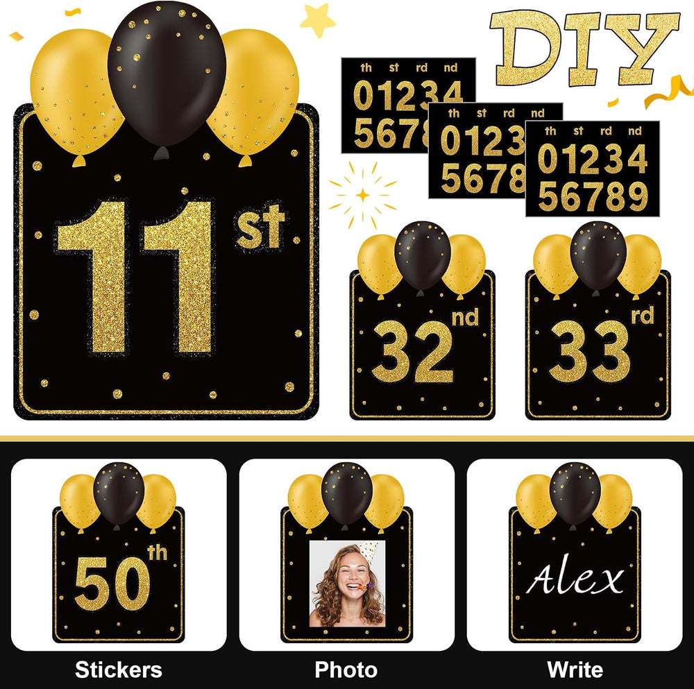 Yerliker 16 Pcs Black Happy Birthday Yard Signs with Stakes, 32.8 ft LED Ligh...
