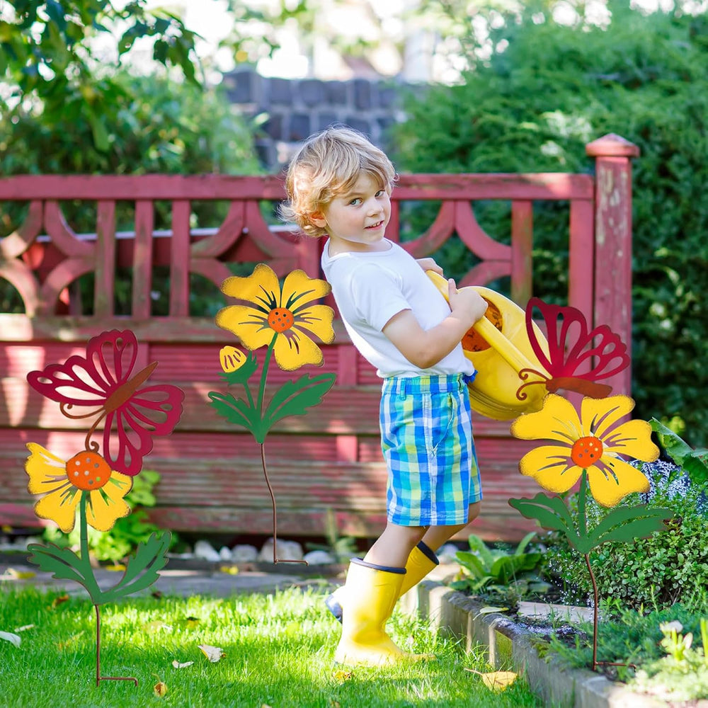 3-Pack Metal Flowers for Outside, 30-Inch Metal Yard Art