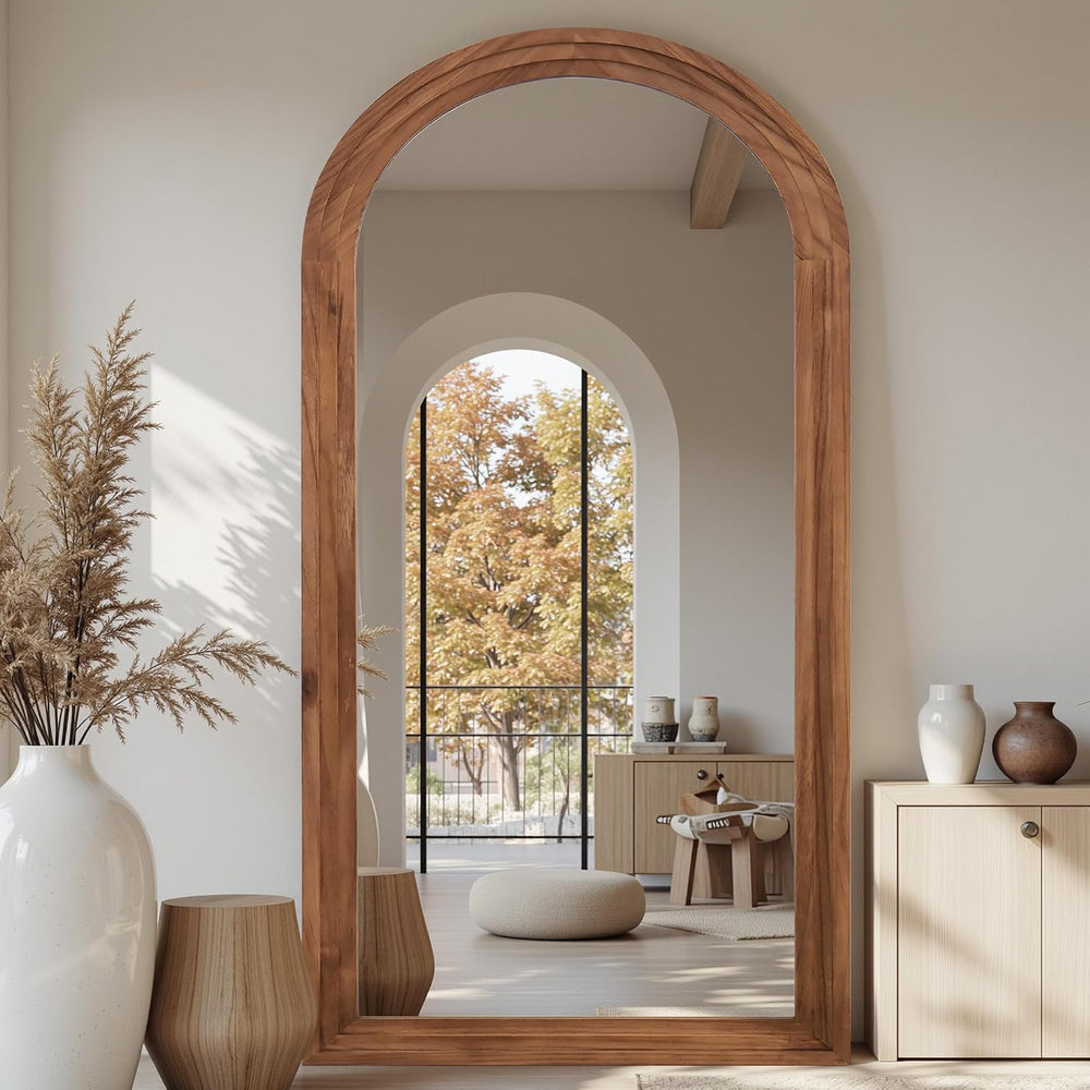 Full Length Mirror 81"x41", Arched Solid Wood Frame with Stand
