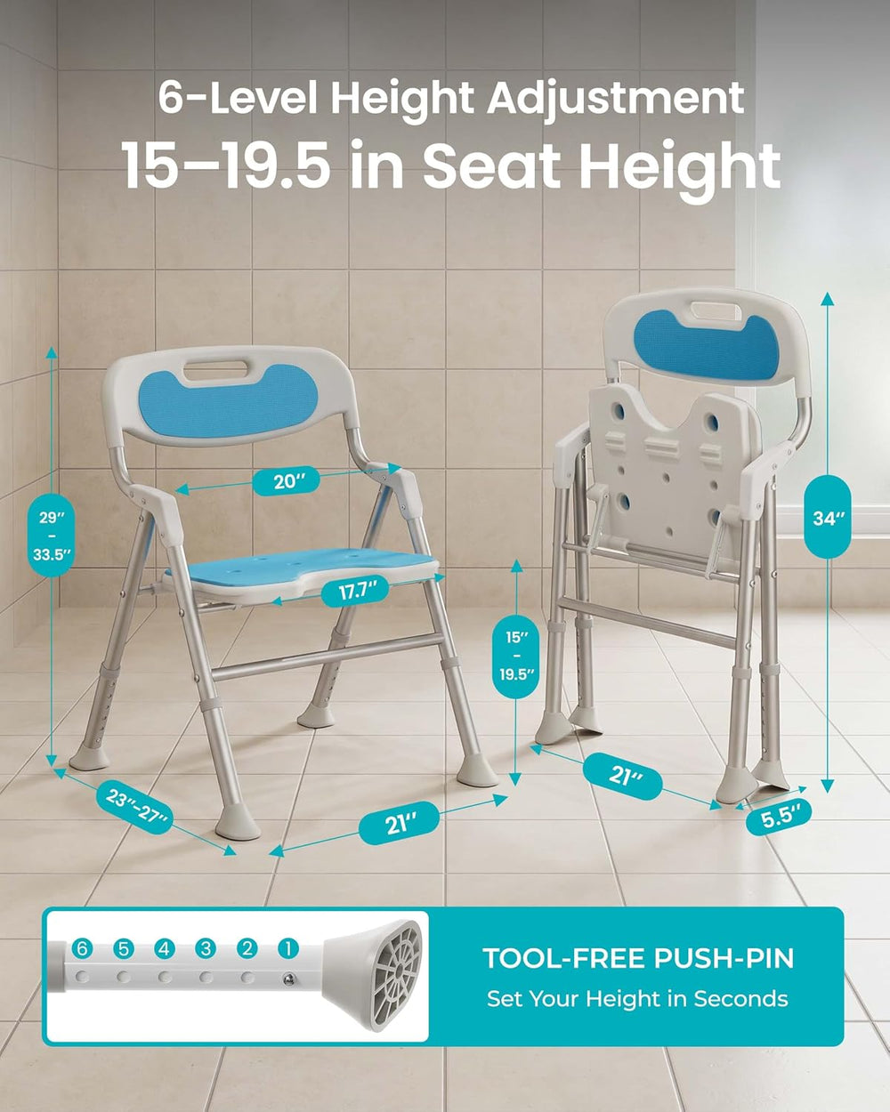 Folding Shower Chair for Inside Shower, Arms and Back, 400 lb, Blue