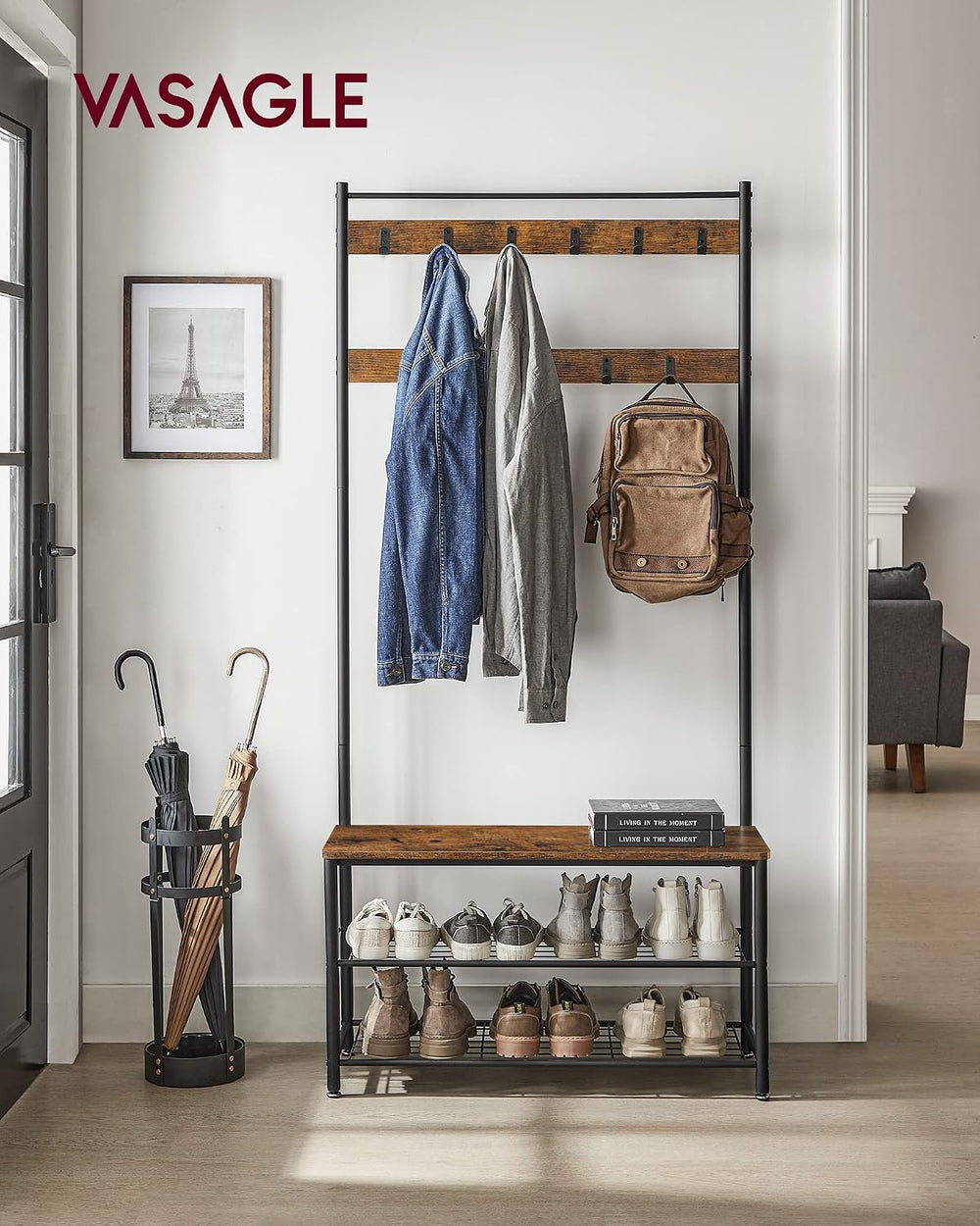 VASAGLE Coat Rack, Hall Tree with Shoe Storage Bench, 3-in-1, Steel Frame