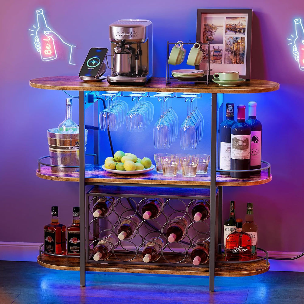 VASAGLE Bar Cabinet with LED Lights and Power Outlets, Wine Rack Coffee Bar