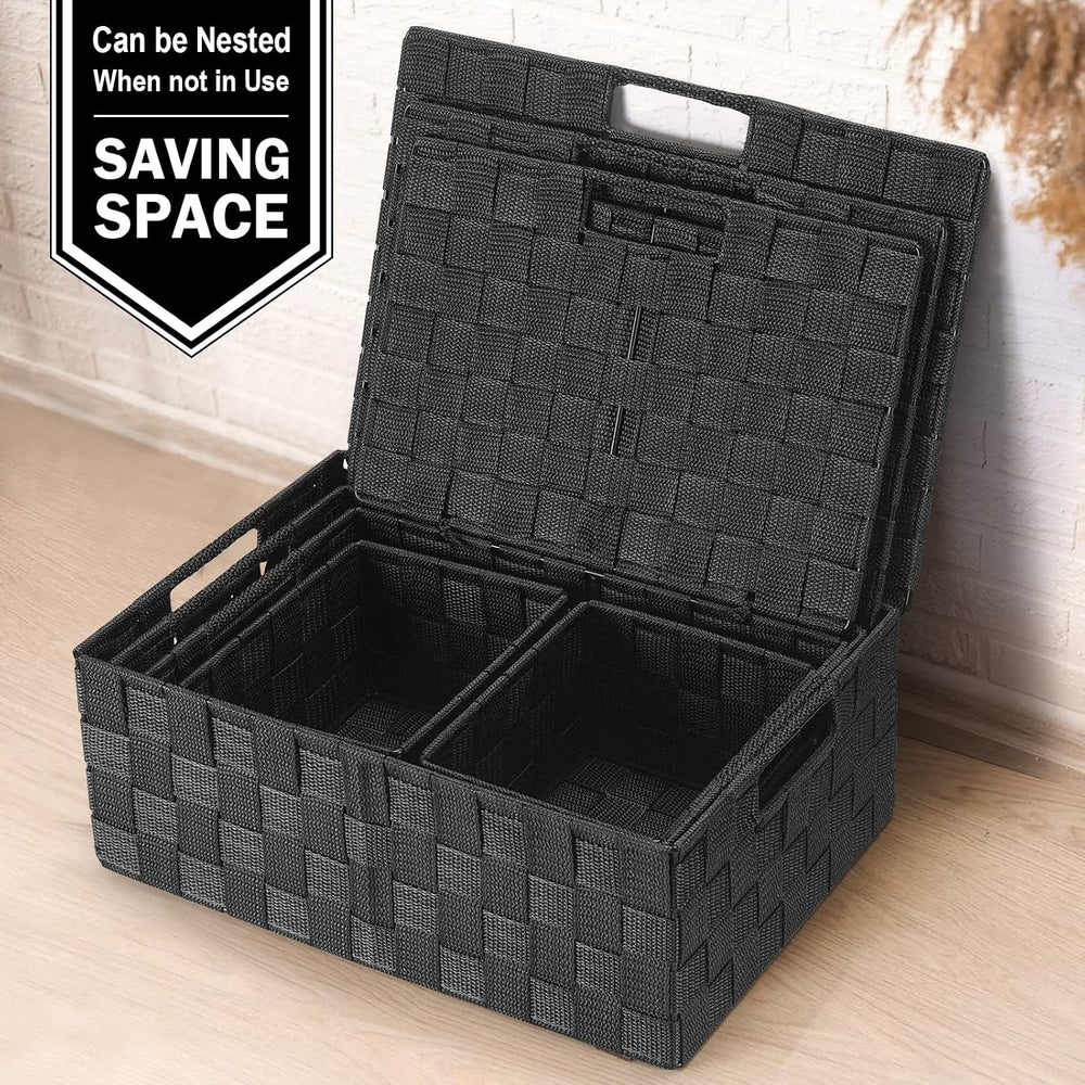 Storage Baskets with Lids: 5 Pack Stackable Woven Storage Bins, Black