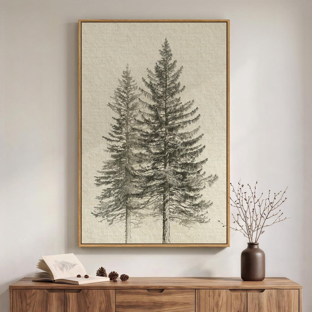 Framed Vintage Rustic Vertical Pine Tree Wall Art for Living Room, 24x36 In