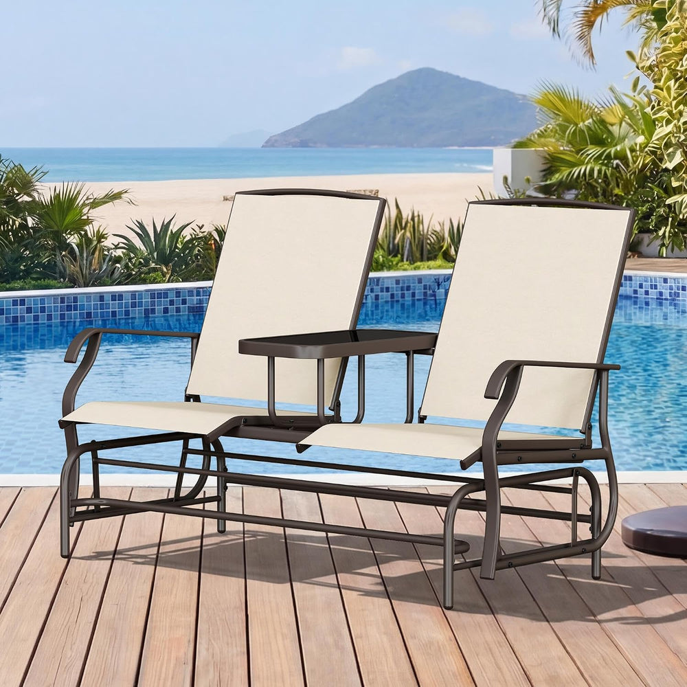 Yaheetech Outdoor Glider Loveseat with Table Patio Bench, Beige