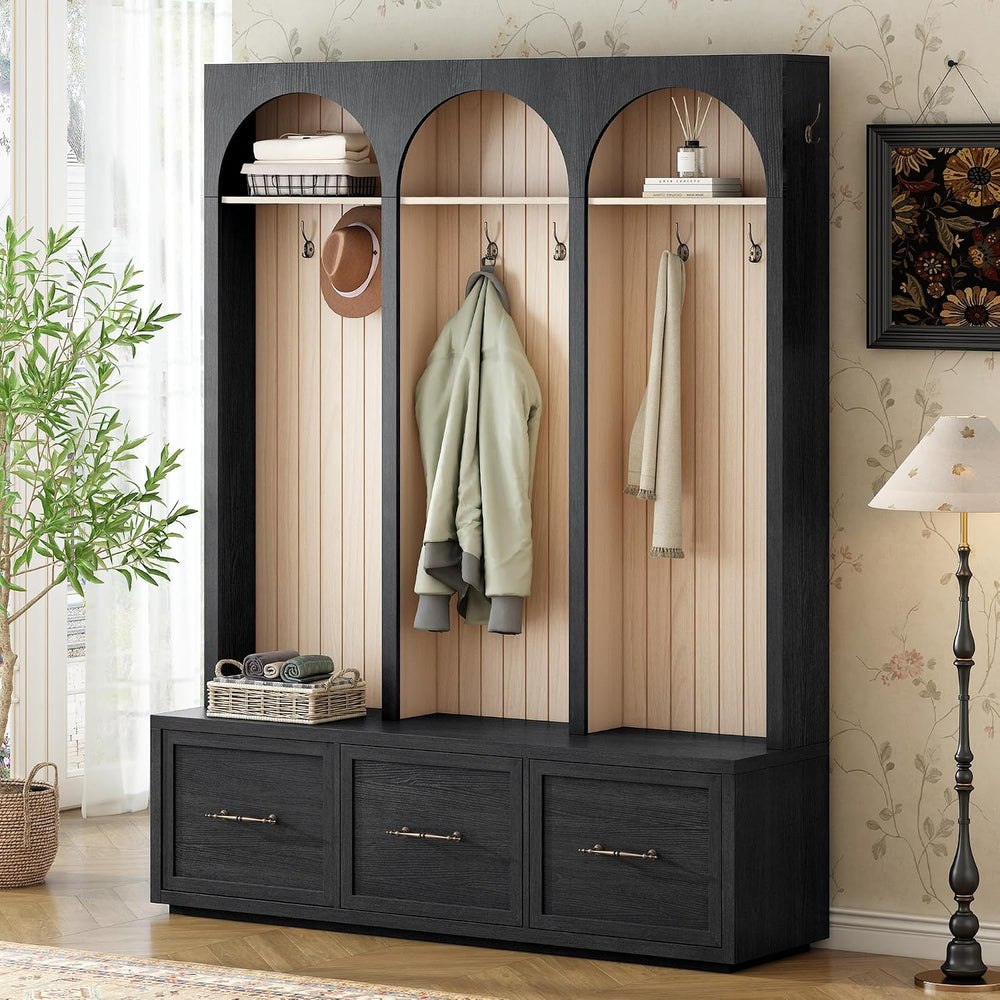 Merax Farmhouse Wood Hall Tree with 8 Hooks and Storage Shoe Bench, Arched Mu...