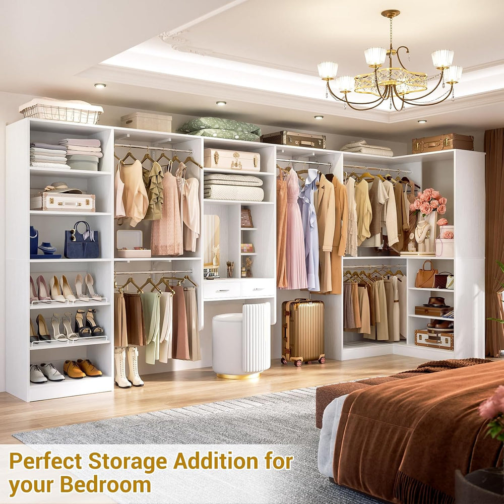 Unikito 156" Modular Corner Closet System with Vanity Desk Tower, White