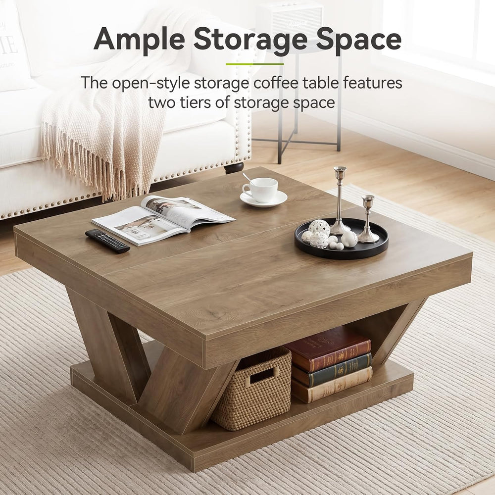 LITTLE TREE Coffee Table, Farmhouse Coffee Table with Large Storage Shelf, 2-...