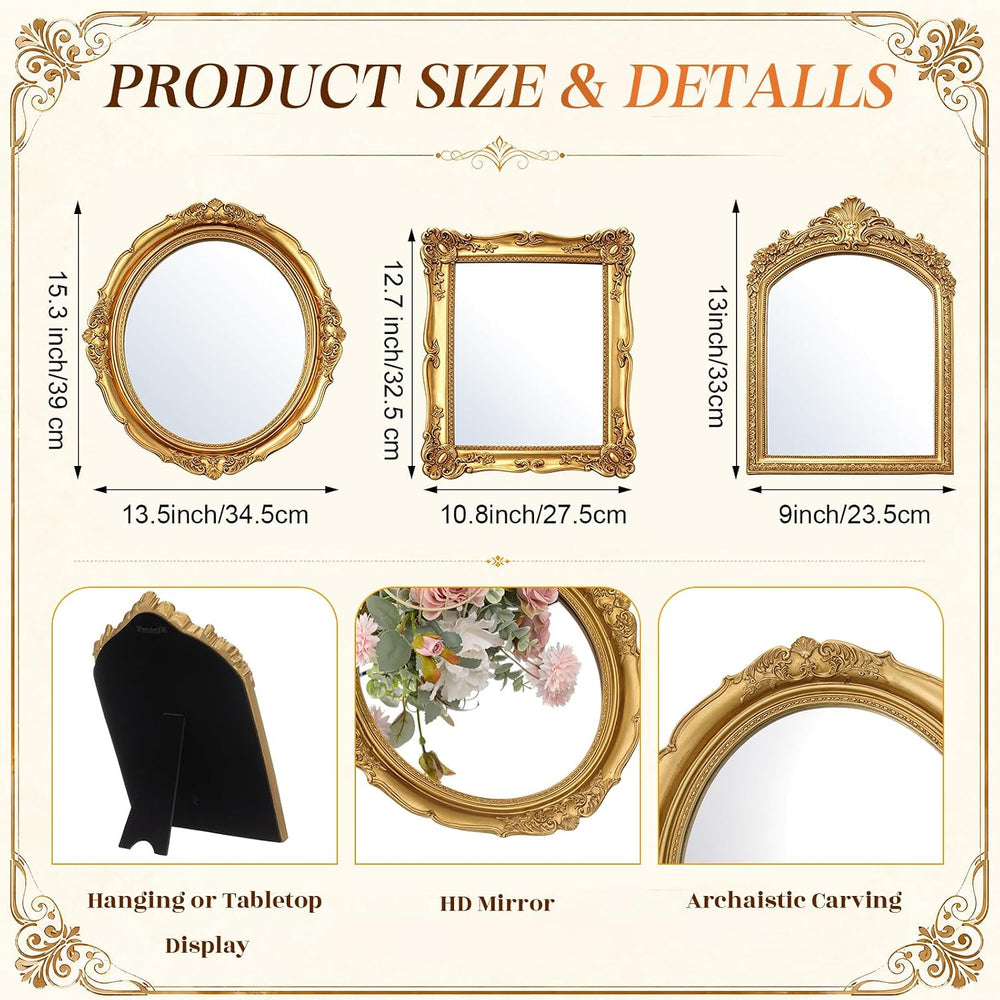 3 Pcs Vintage Gold Wall Mirror Set, 15in/13in/12in, Retro Style