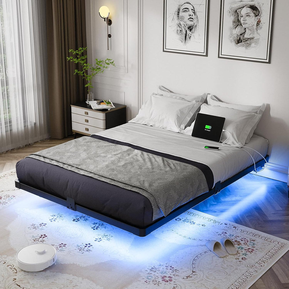 OLEVS Floating Bed Frame Full Size Metal with LED Light & Charging Station