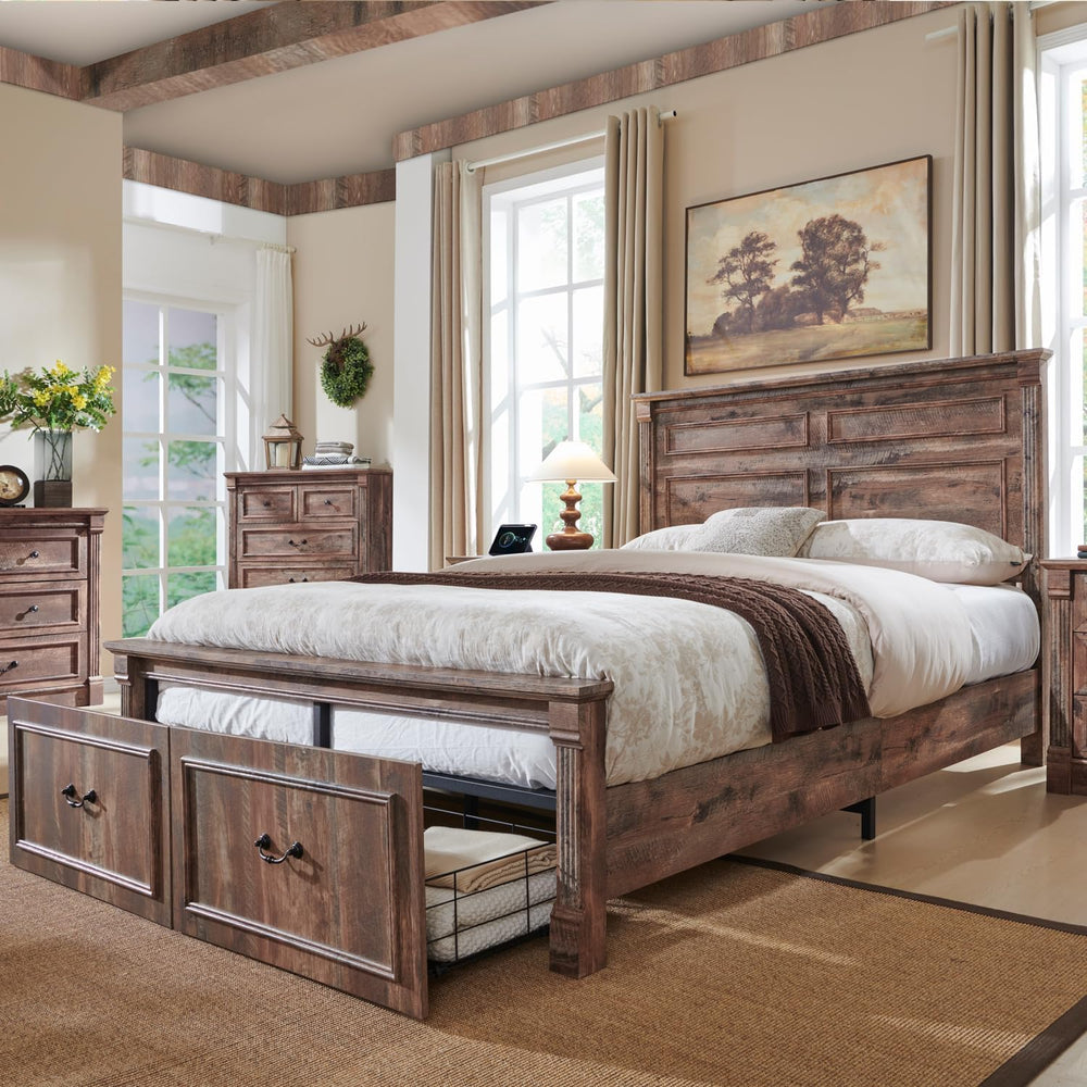 Aitjunz Farmhouse Queen Size Bed Frame w/51 Tall Headboard, Light Brown