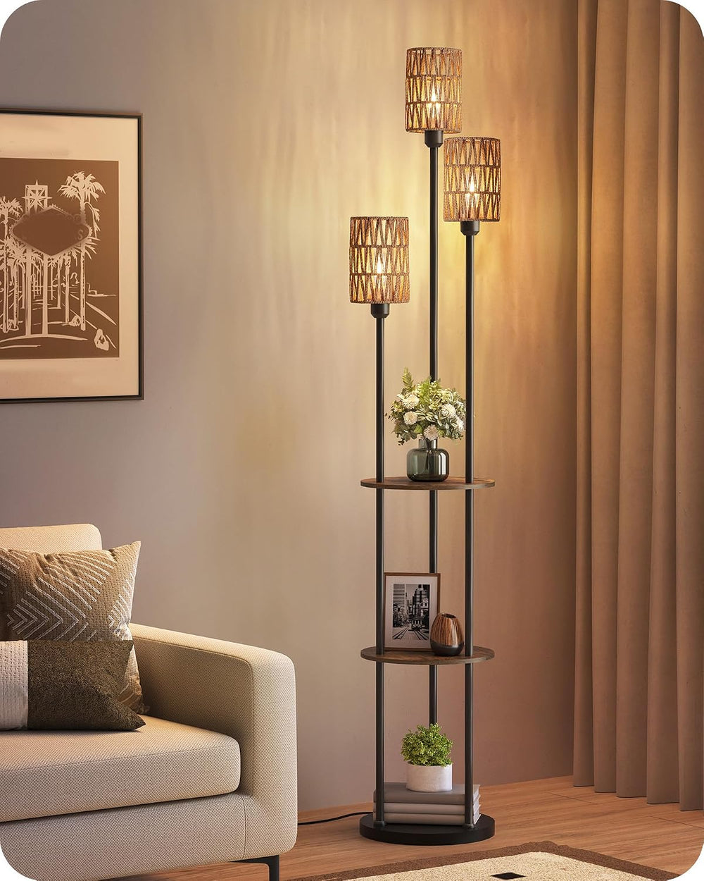Floor Lamp with Shelves, Boho Floor Lamp with Foot Switch, 3-Light Standing L...