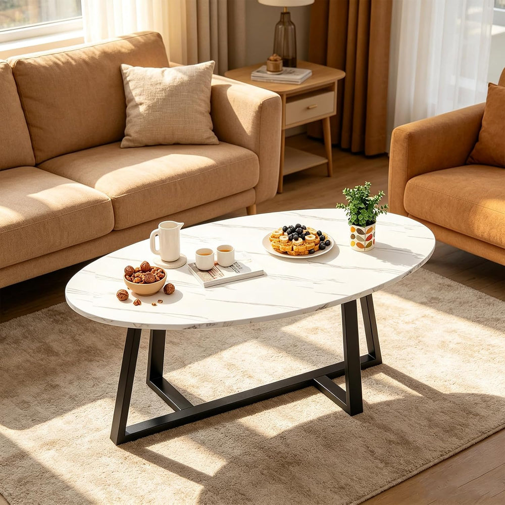 Wolawu Coffee Table Small Oval Table,White Faux Marble Table for Living Room,...
