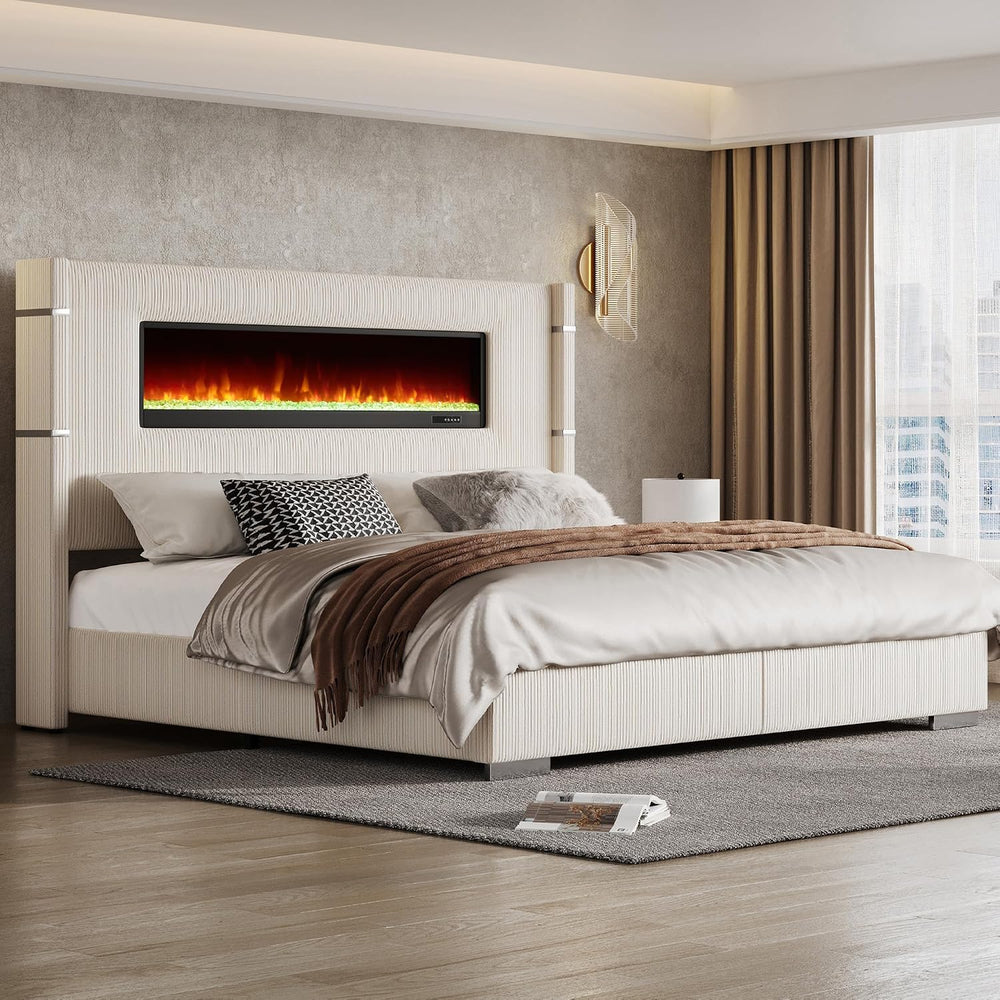 AMERLIFE King Bed Frame with Fireplace, Upholstered Headboard, Cream