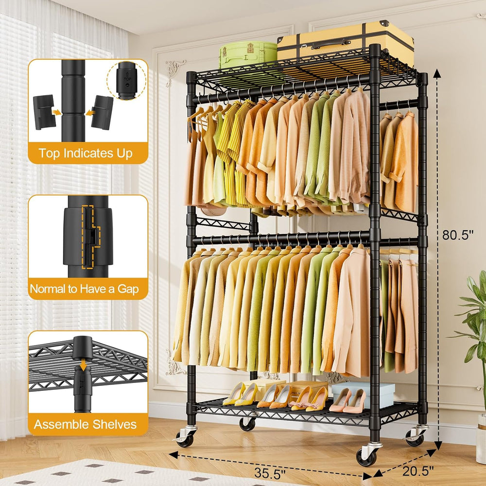 ULIFHOME P4 Rolling Clothes Rack, Clothing Racks for Hanging Clothes, Black