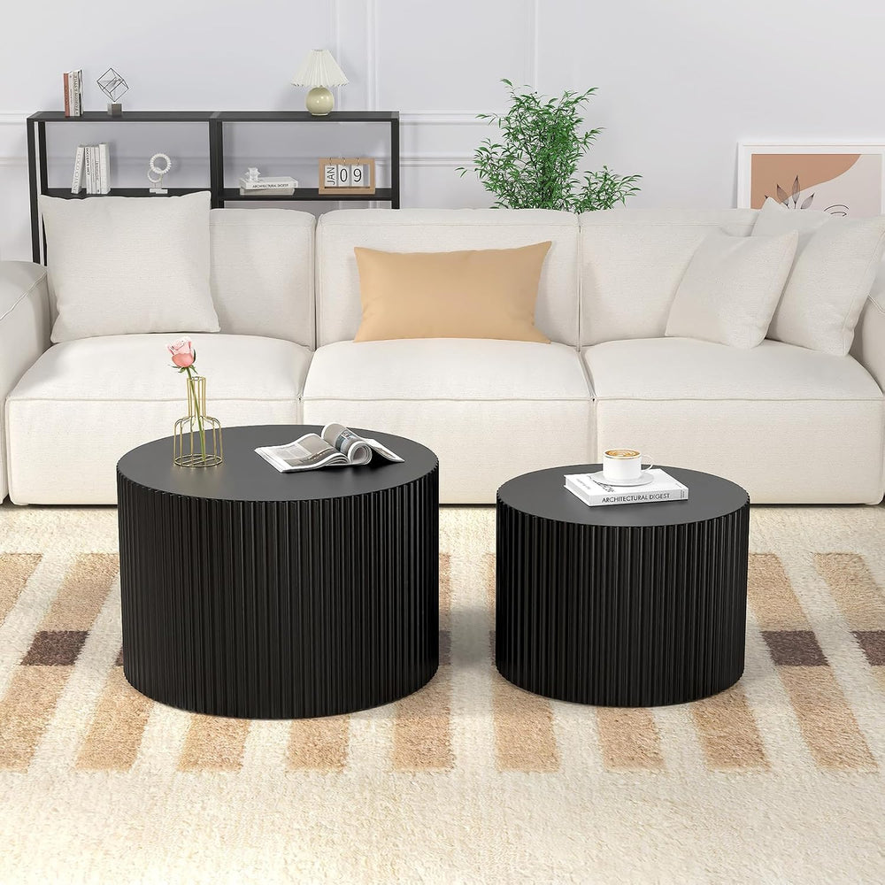 Round Wood Coffee Table Set of 2 Nesting Coffee Tables Black 18.9 inch