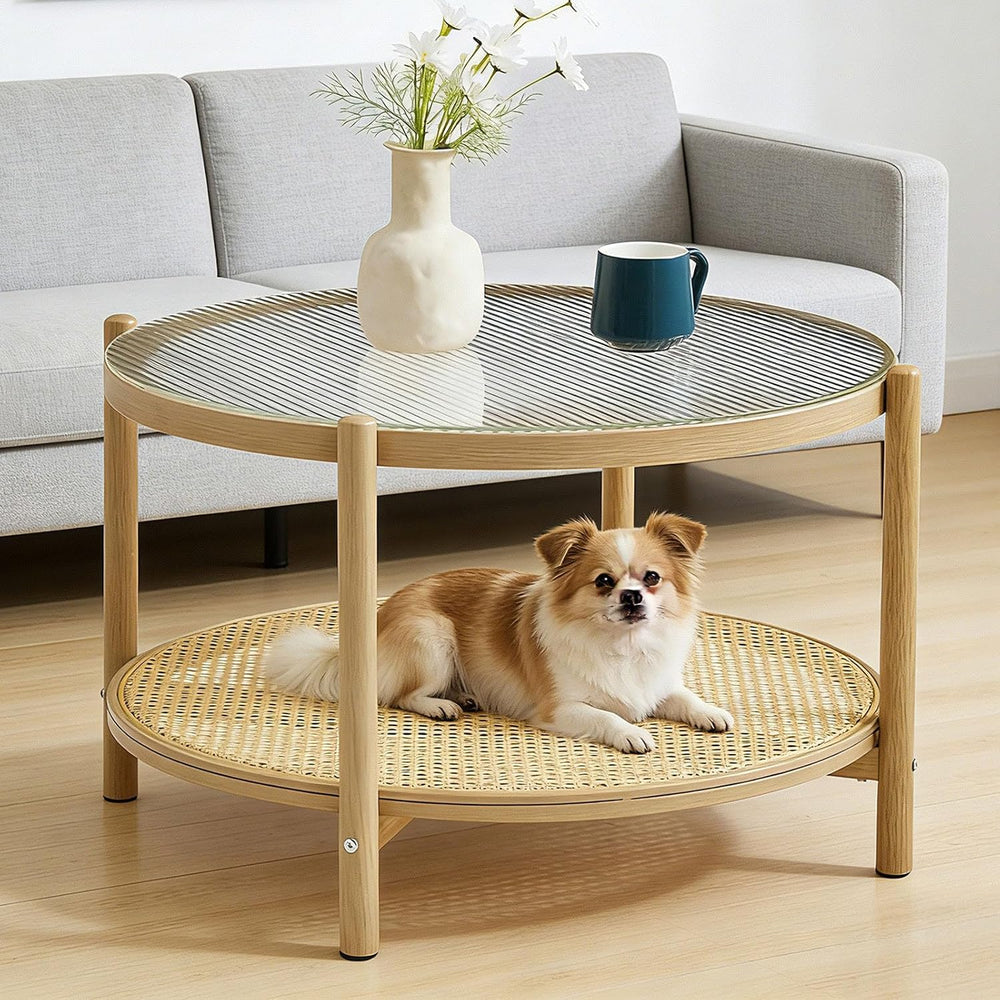 COSVALVE 27.5" Boho Rattan Coffee Table, Round Glass Metal Center Table