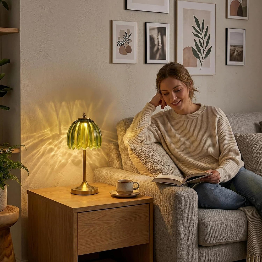 EJQ Glass Tulip Rechargeable Table Lamp, Cordless Flower Table Light -Green