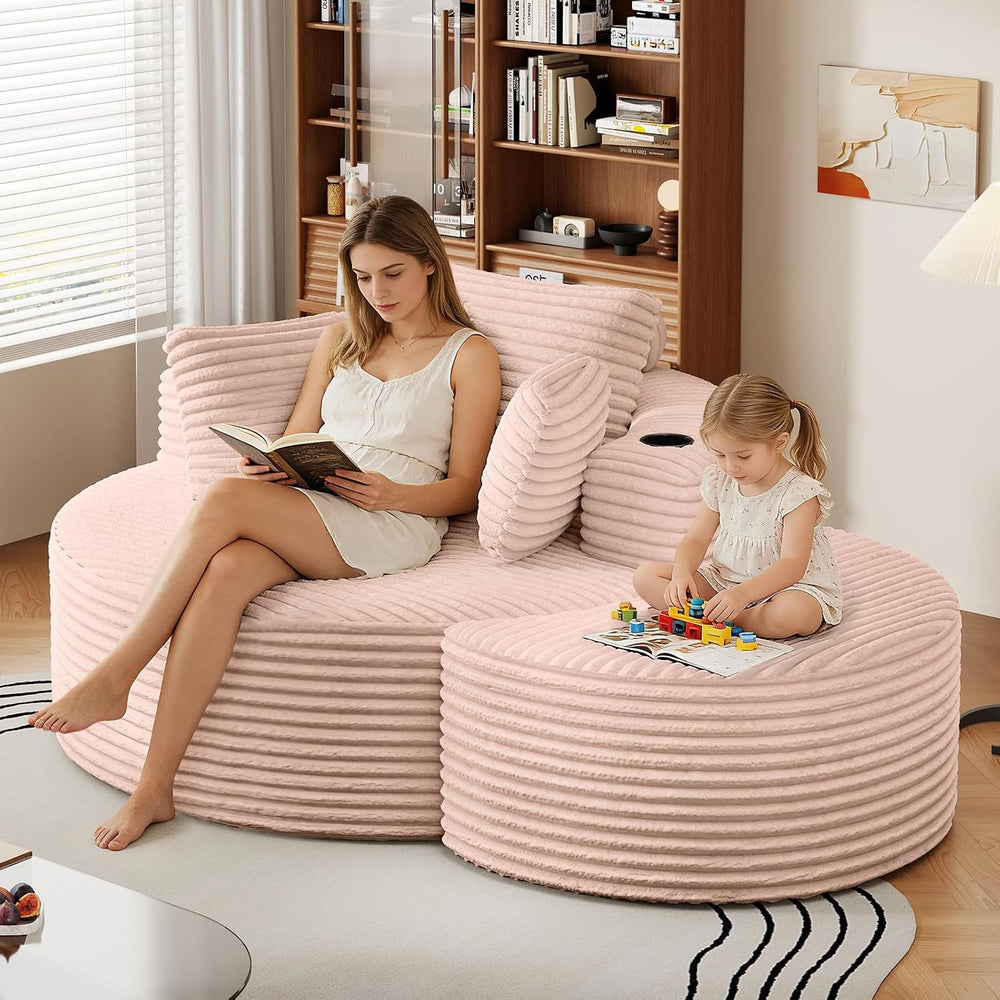 Oversized Round Chaise Longue Chair with Ottoman, Modern Corduroy Deep Seat C...