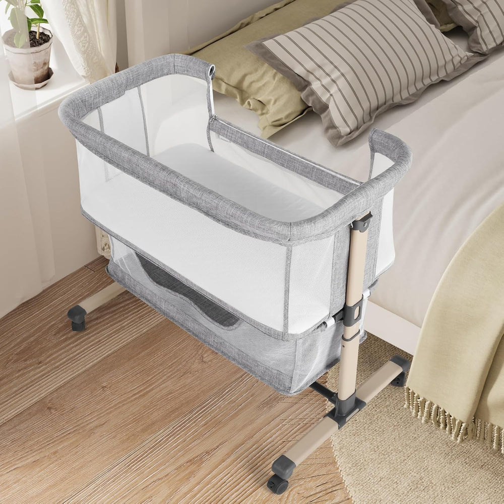 Cowiewie Bassinet Bedside Sleeper, Breathable and Adjustable, Light Grey