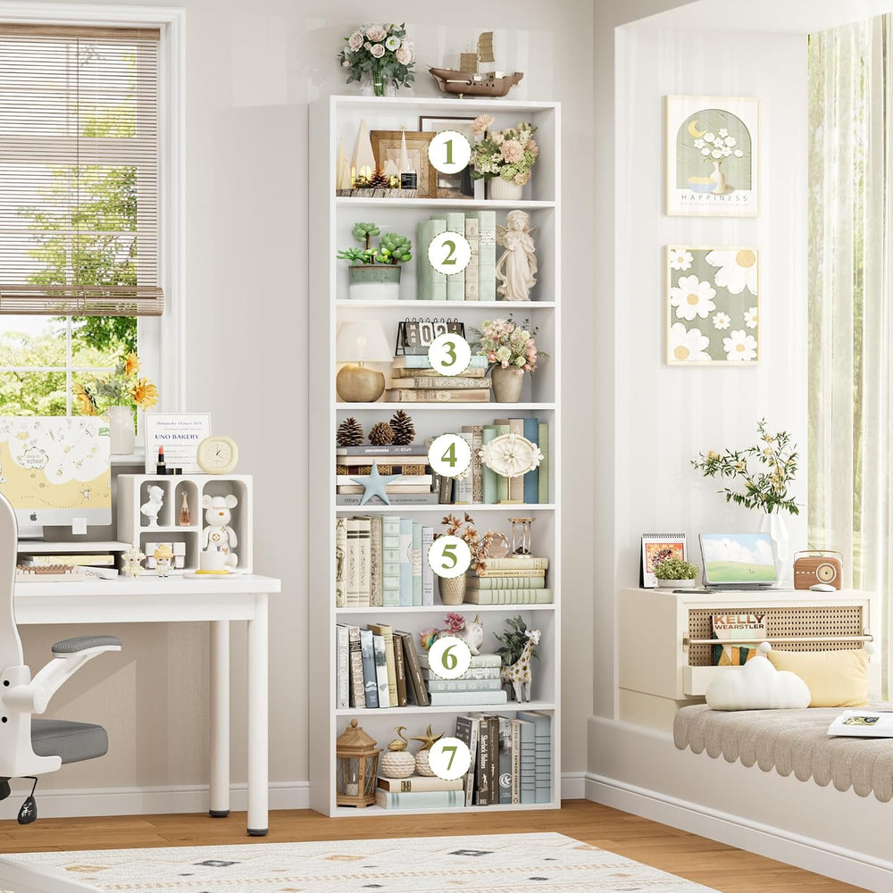 FACBOTALL 82" Tall Bookshelf White Bookcase, 7-Tier Open Display Shelves