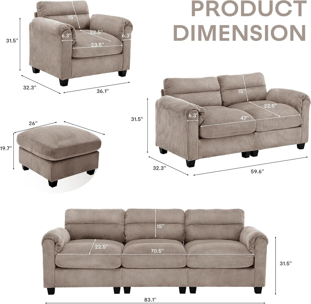HAOMARKETS Corduroy 3-piece Sofa Set, Upholstered Ottoman, Loveseat 2-Seater ...