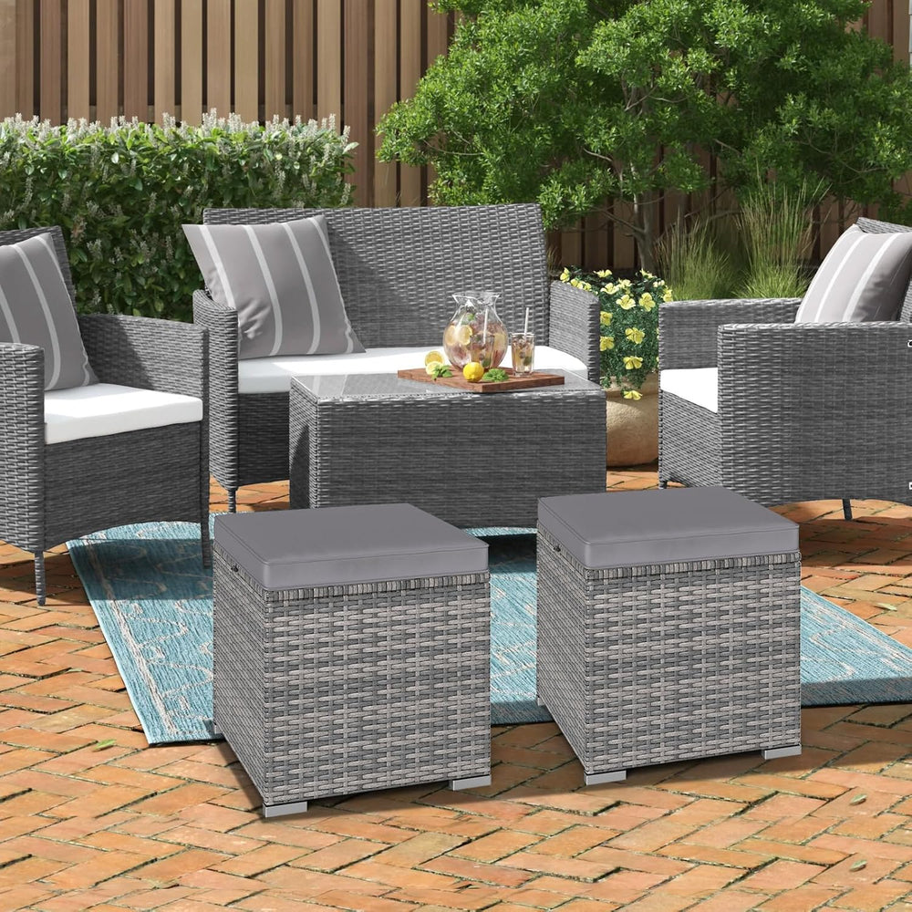 RELAX4LIFE Wicker Outdoor Storage Ottoman - 2-Piece Rattan Footstool w/Remova...