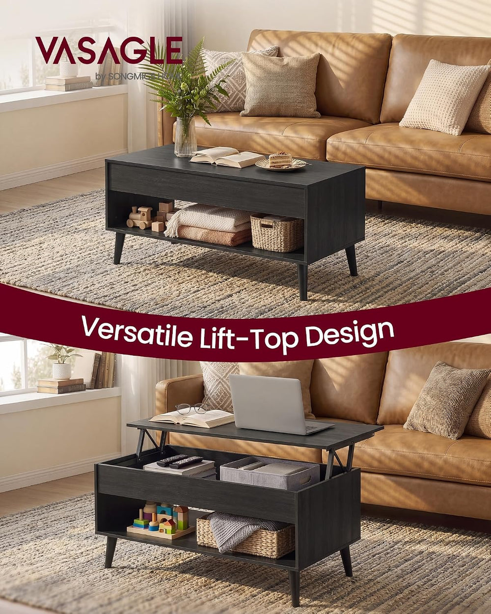 VASAGLE Lift Top Coffee Table with Hidden Storage, Gas Spring