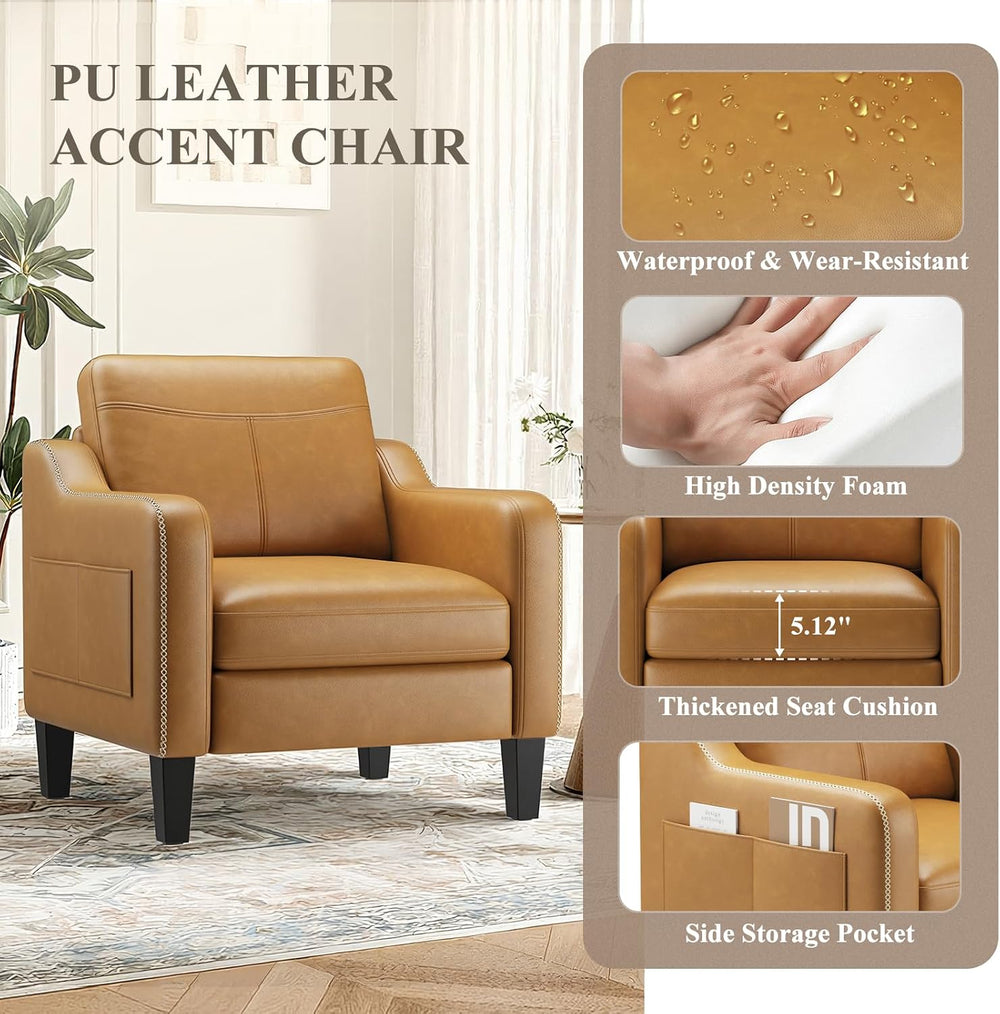 MALOL PU Leather Accent Chair Set of 2 with Solid Wood Frame, Brown