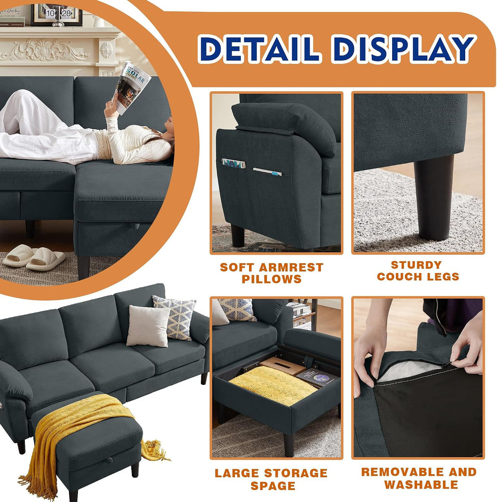 4 Piece Convertible Sectional Sofa Set, Modern Linen Small L Shaped Couch wit...