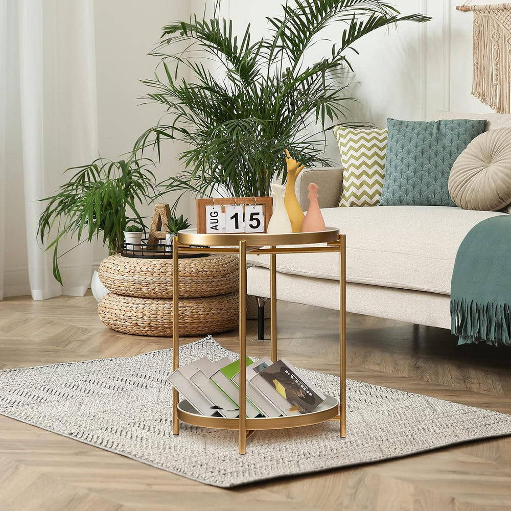 TeoKJ 2 Tier Gold Side Table, Folding Round Metal End Table Small Nightstand ...