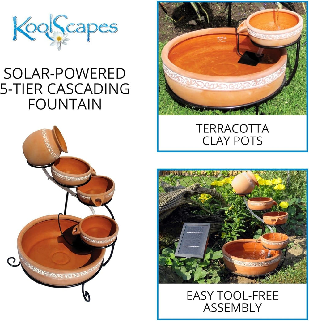 Koolscapes Solar-Powered 5-Tier Cascading Fountain, Terracotta Clay Pots, Sel...