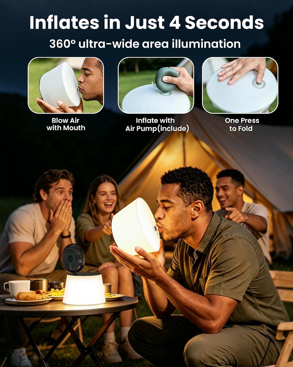 3 in 1 Portable Camping Lantern with Fan USB Rechargeable for Outdoor