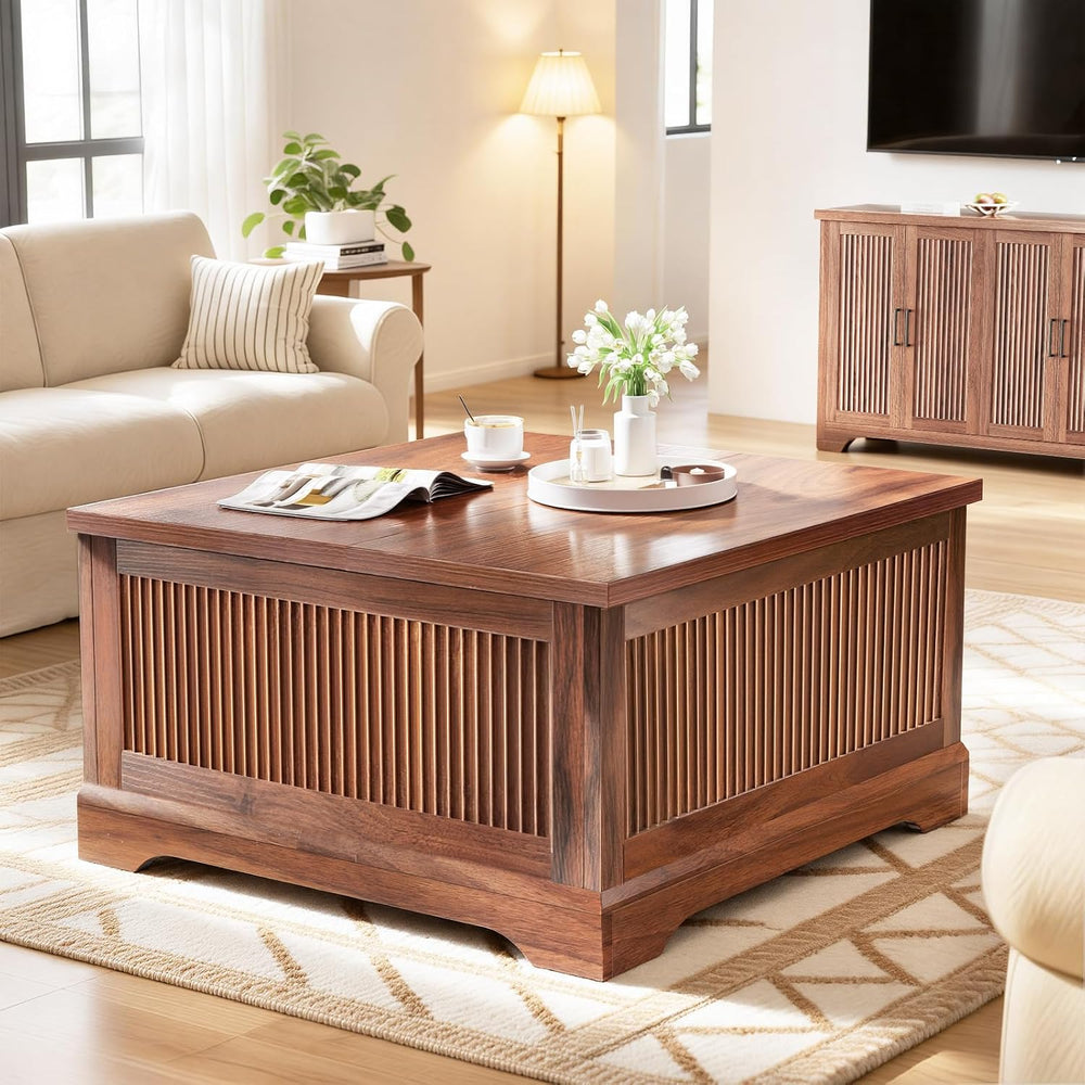 Memobarco Fluted Lift Top Coffee Table with Storage,Walnut