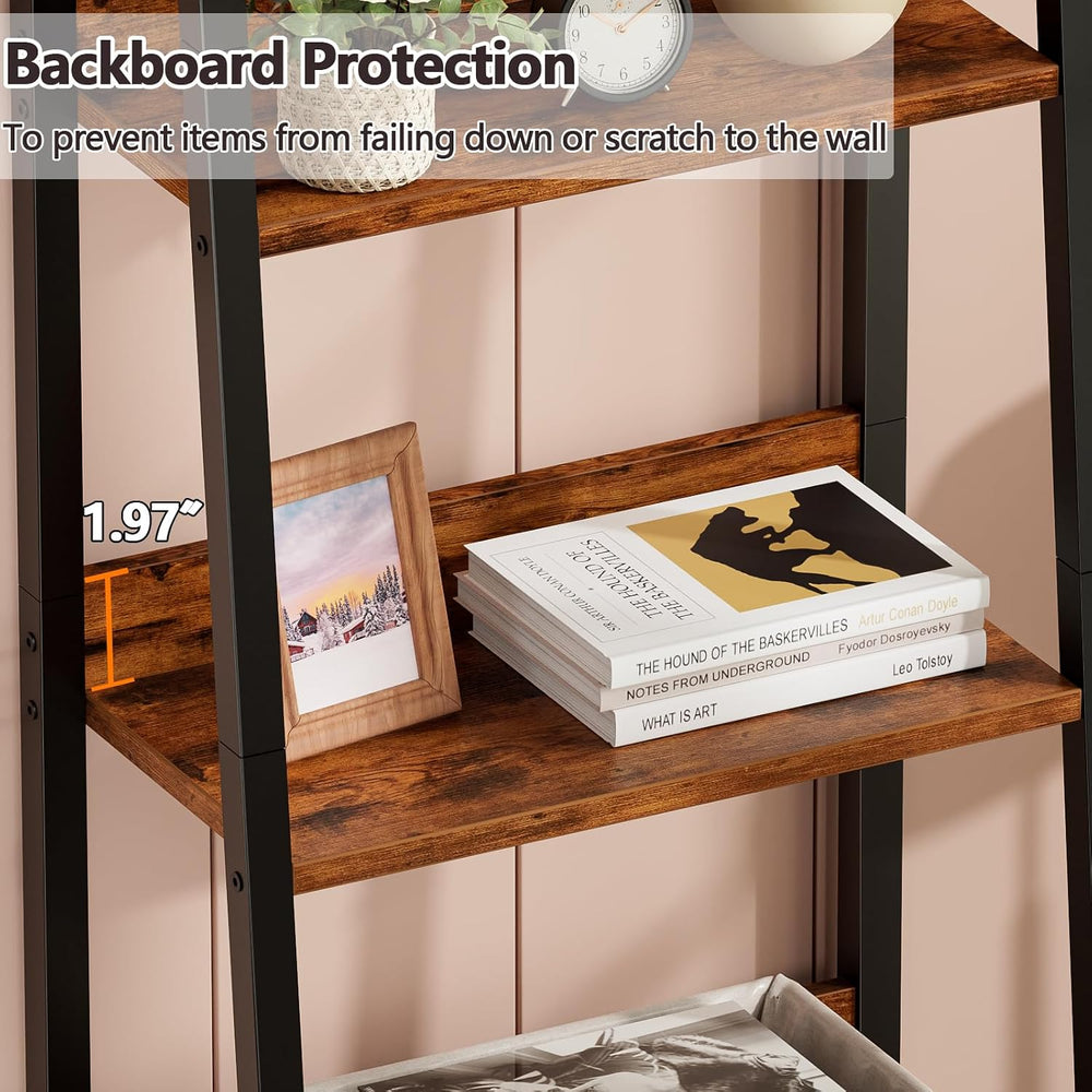 Furologee Ladder Shelf, 5 Tier Bookshelf with Fabric Drawer, Rustic Brown