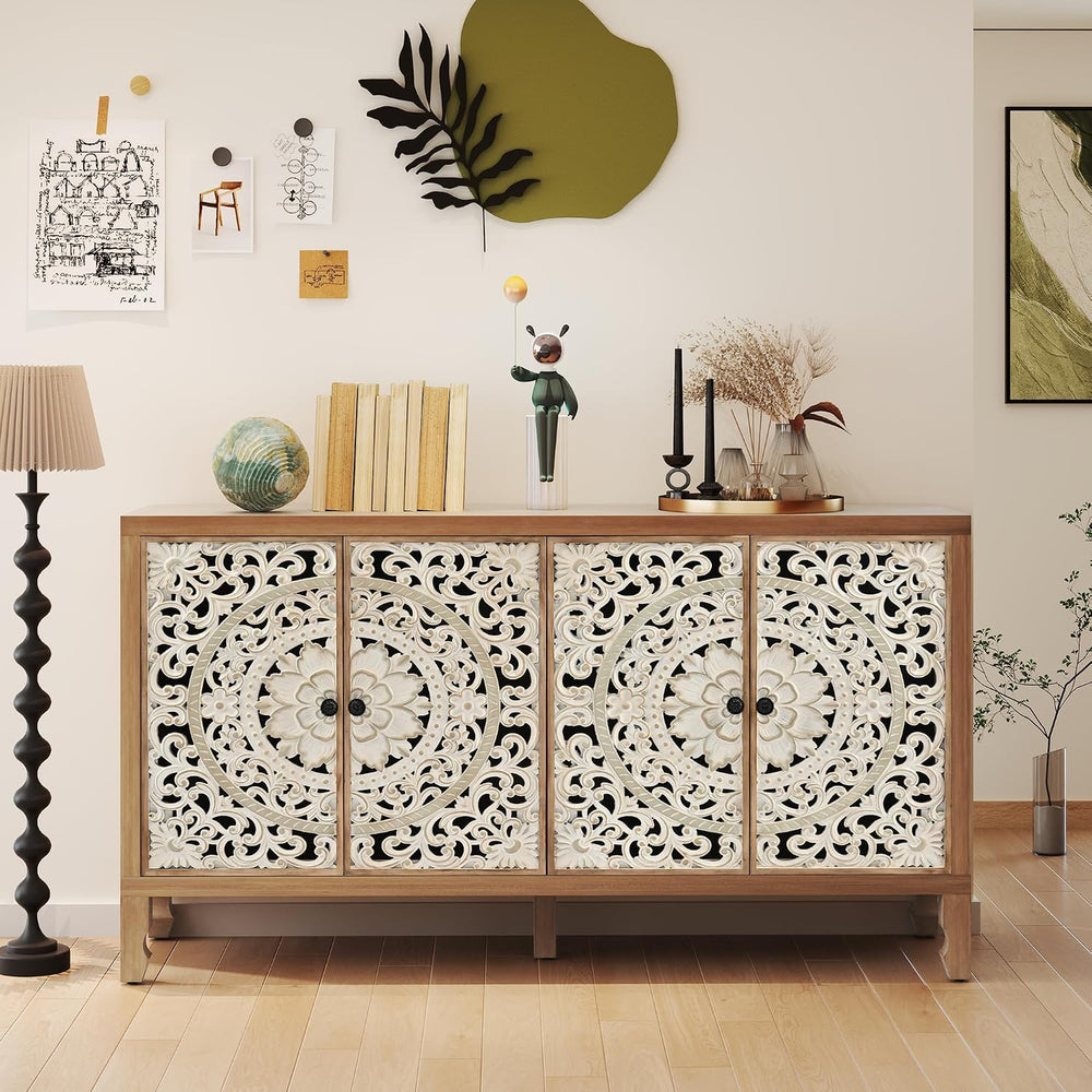 Buffet Cabinet with Storage, 4 Carved Doors, Natural&White