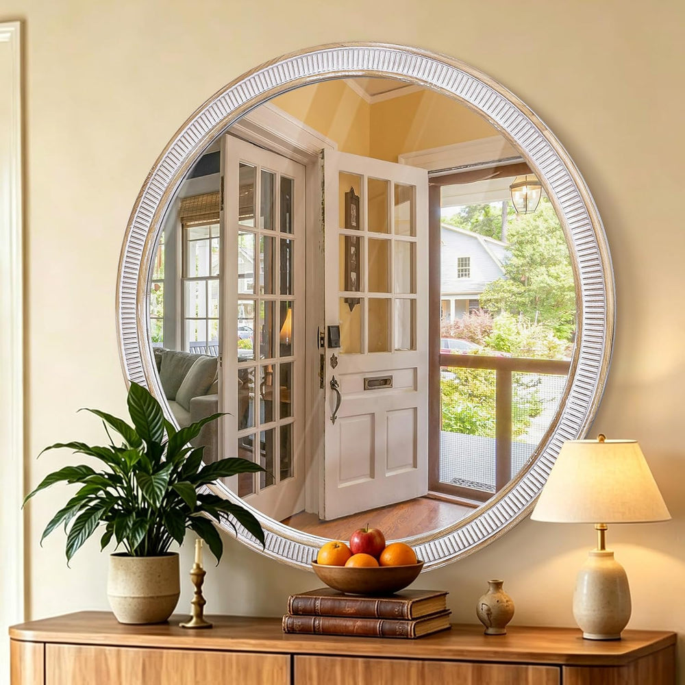 30 Inch Wooden Round Mirror for Wall Decor, Rustic Distressed Mirrors